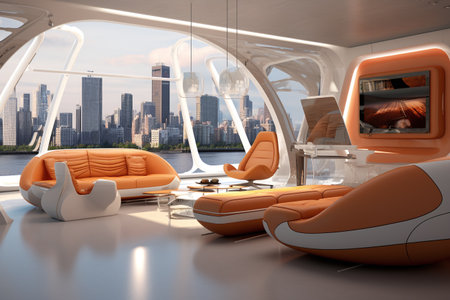 Modern interior of a cruise ship with orange seats. 3d renderingの素材