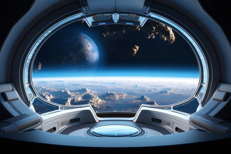Spaceship interior with view on planet Earth from window. 3D renderingの素材