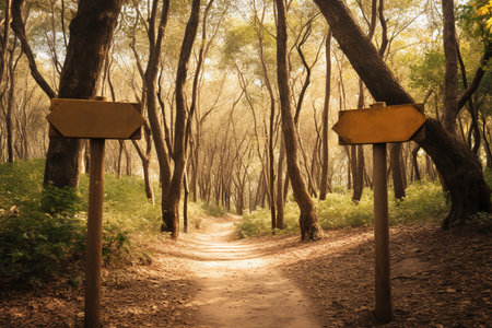 Direction signs in the forest, vintage tone, soft focus.の素材