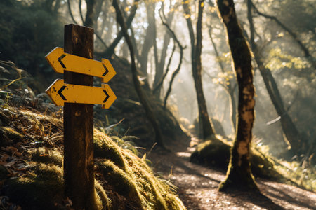 Wooden signpost in the forest in autumn season with sunlight and fogの素材