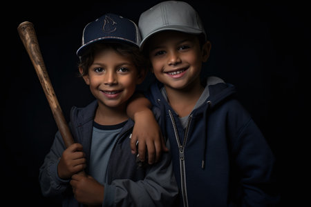 Portrait of two children with baseball bat and cap on black backgroundの素材