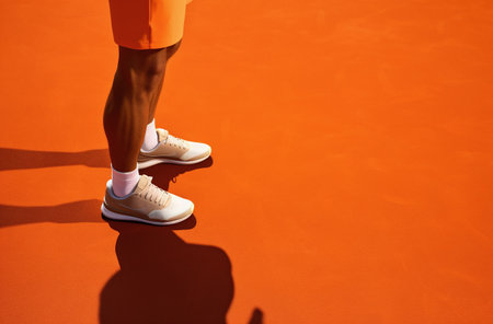 Cropped image of female tennis player standing on tennis court with shadowの素材