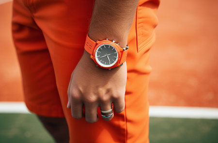 Close up of female hand with wristwatch on tennis court. Female fitness model wearing orange sportswear.の素材