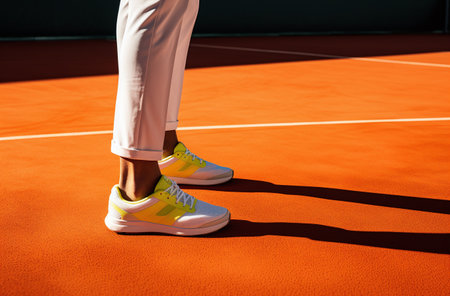Low section of female tennis player standing on tennis court with shadow on floorの素材