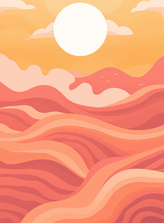 Sea landscape with waves and sunset. Vector illustration in cartoon style.の素材