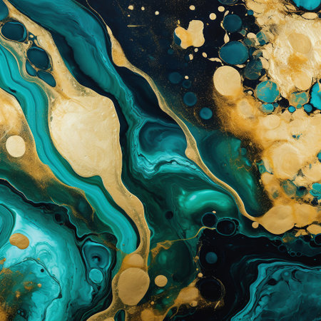 Marbled blue abstract background with golden sequins. Liquid marble ink patternの素材