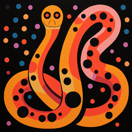 Colorful snake on a black background with spots. Vector illustration.の素材