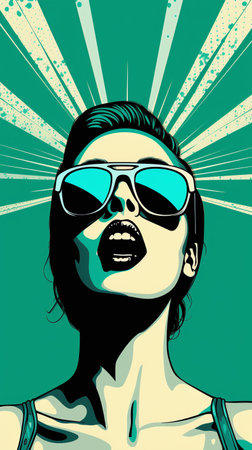 Portrait of a beautiful girl in sunglasses. Pop art retro vector illustration.の素材