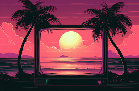 Retro tv with palm trees and sunset on the beach. Vector illustrationの素材