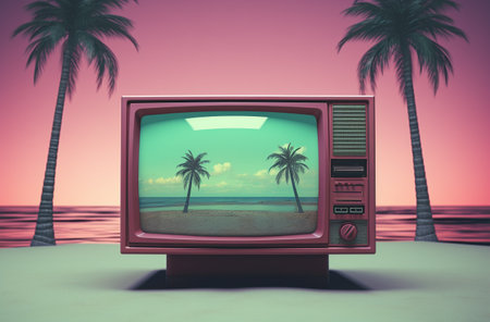 Retro TV on the beach with palm trees. 3d renderの素材