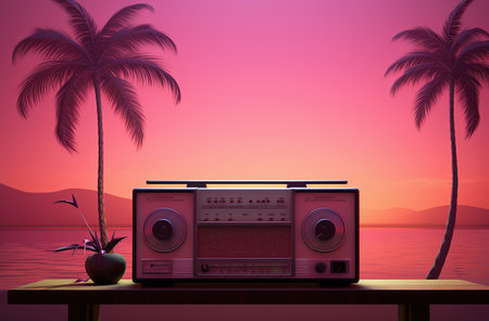 Retro radio on table with palm trees at sunset. 3d renderの素材