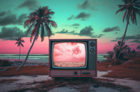 Retro TV set on the beach with palm trees and beautiful sunsetの素材