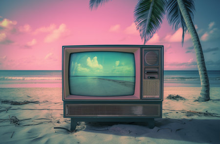 Retro TV on the beach with palm tree and sunset sky backgroundの素材