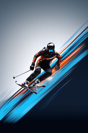 Male skier skiing downhill against blue and orange background with vignetteの素材