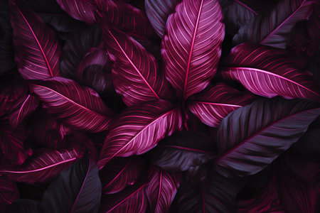 purple tropical leaves as a background. top view, flat layの素材