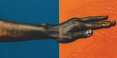 Hands of African American woman with black skin on orange and blue backgroundの素材