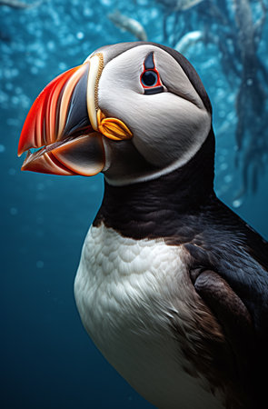 Puffin in the deep blue ocean. 3D illustration.の素材