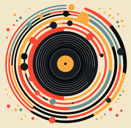 Retro vinyl record with colorful circles and dots. Vector illustration.の素材