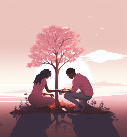 Couple in love sitting under a tree at sunset. Vector illustrationの素材