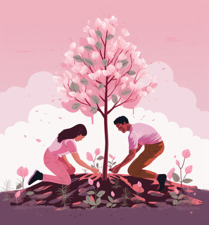 Vector illustration of a couple planting a tree in the garden. spring season.の素材