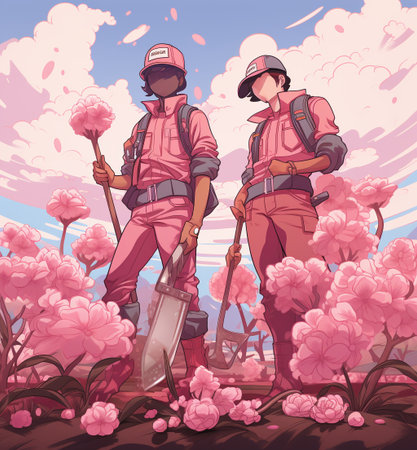 Illustration of two gardeners with shovels in the field.の素材