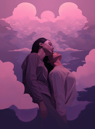 Illustration of a romantic couple in love with clouds in the backgroundの素材