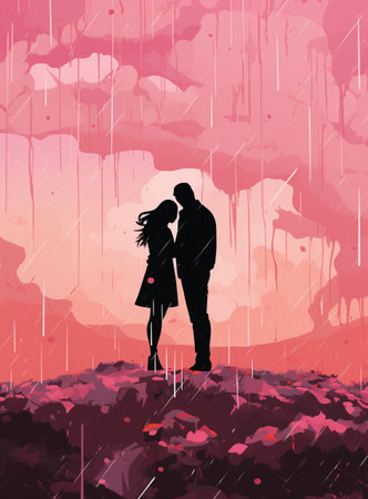 Couple in love in the rain. Valentine's Day. Vector illustrationの素材