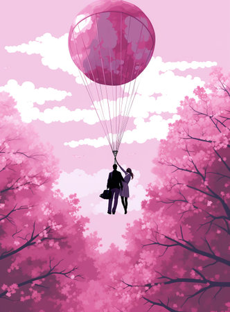 Couple in love flying on a hot air balloon. Vector illustration.の素材