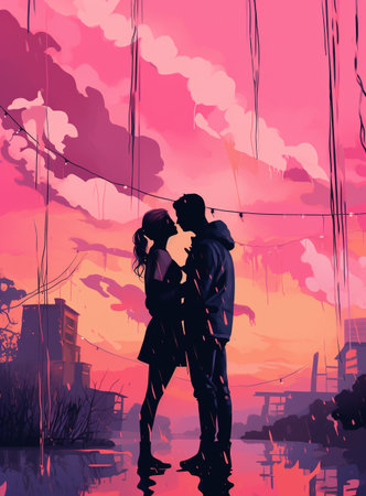 Couple in love kissing in the water at sunset, vector illustrationの素材