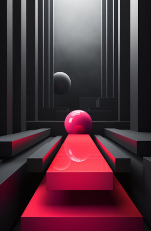 Abstract black and red background with podiums and spheres. 3d renderの素材