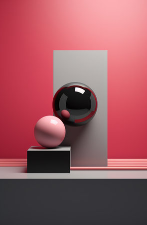 3d render of abstract geometric forms. Minimal scene with podiums and spheres.の素材