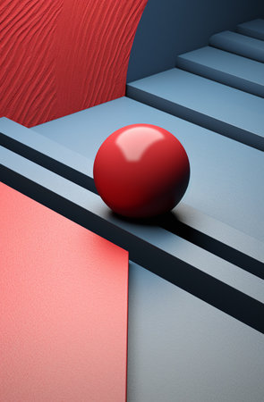 3d illustration of red ball on stairs over blue and red backgroundの素材