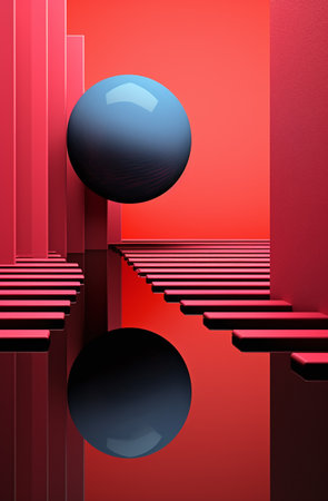 3d render of stairs and spheres in red background, abstract backgroundの素材