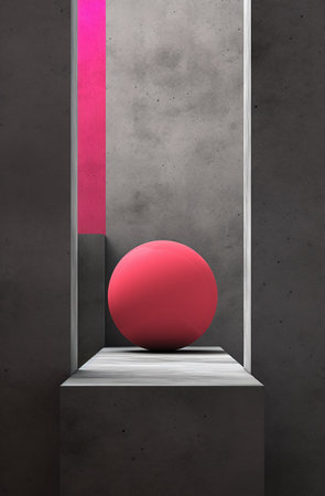 3d rendering of a red ball standing on a shelf in a concrete roomの素材