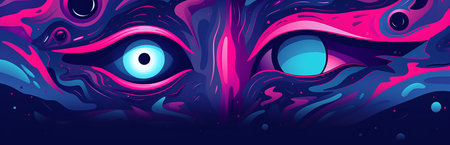 Vector illustration of an alien's eye in pink and blue colors.の素材