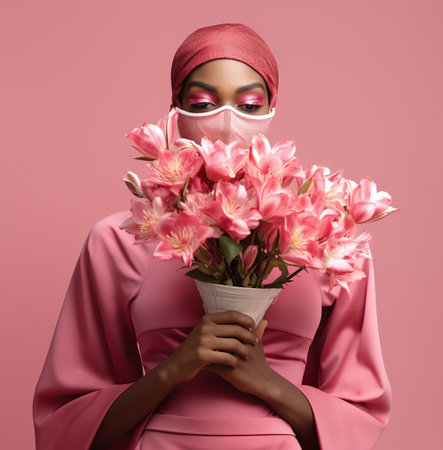 Fashion portrait of young african american woman with pink flowersの素材
