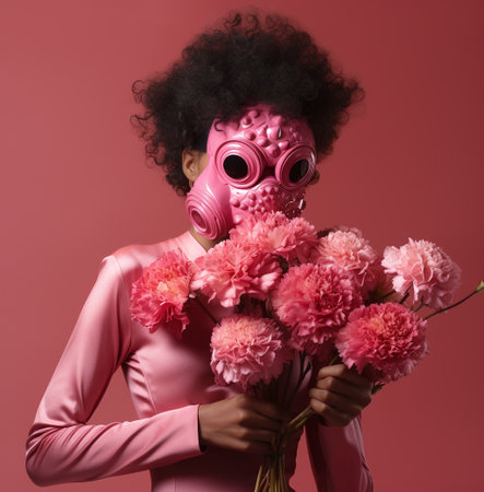Portrait of a beautiful african american woman in a pink gas mask with flowersの素材