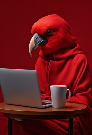 A red parrot in a red hoodie sits at a table with a laptop and a cup of coffee.の素材