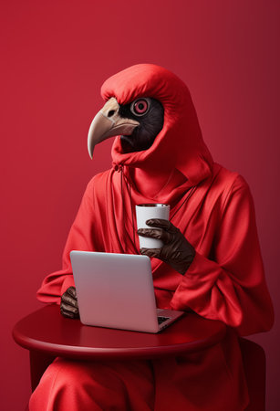 Funny parrot in red costume with laptop and cup of coffeeの素材