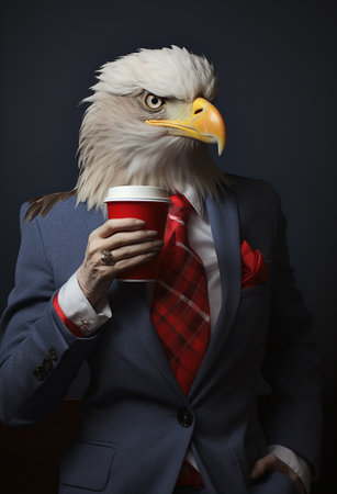 Eagle in a suit with a red cup of coffee on a dark backgroundの素材
