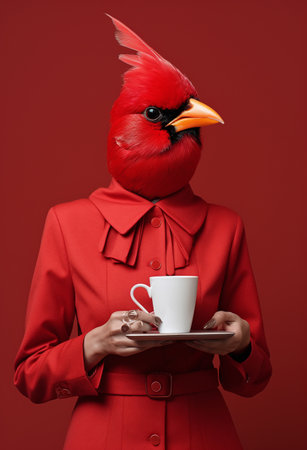 Fashionable woman with cup of coffee and bird on red backgroundの素材