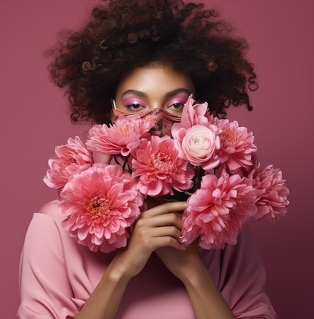 Beautiful african american woman with curly hair and makeup holding bouquet of pink flowersの素材