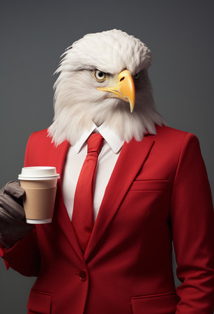 Portrait of a bald eagle in a red suit holding a cup of coffeeの素材