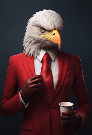 Eagle businessman in red suit with coffee cup. 3d renderingの素材