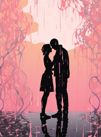 Silhouette of a loving couple in the rain, vector illustrationの素材
