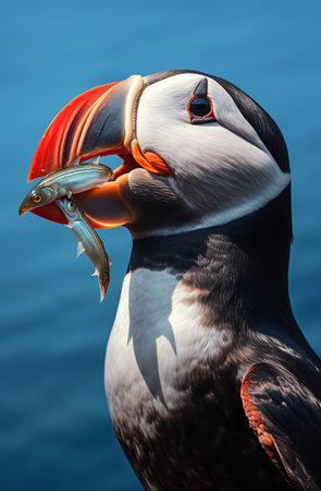 Puffin with a fish in its beak on the background of the seaの素材