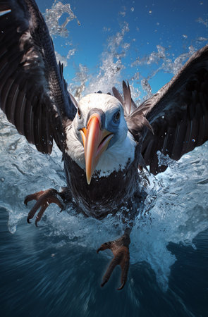 Bald Eagle (Haliaeetus leucocephalus) flying in the blue oceanの素材