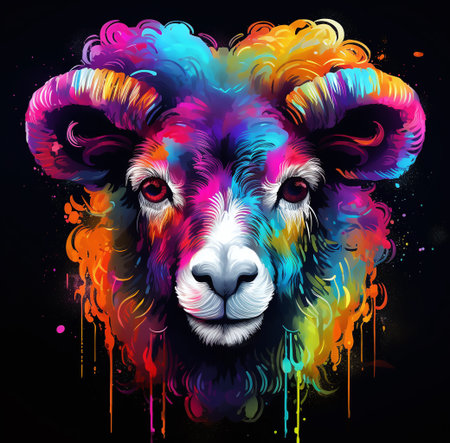 Ram head with colorful paint splashes on black background. Vector illustration.の素材