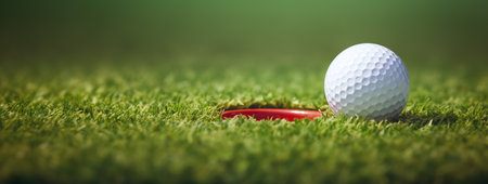 Golf ball on green grass, close-up. Banner with copy spaceの素材