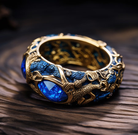 Jewelry ring with blue and gold color on wooden background.の素材